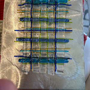 Woven Glass Blues, Greens, Clear, and Gold Sculpture on Brushed Steel Stand by Candice Treat Murphy, Image 4.