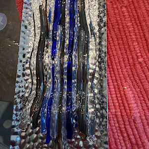 Wavy Blues, Greens, Clear, and Gold Strips Sculpture on Hammered Steel Backing by Candice Treat Murphy, Image 1.