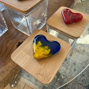 3” Square Glass Box #1 with 2” Pocket Heart on Bamboo Lid (Ukraine Colors) by Candice Treat Murphy