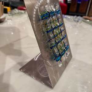 Woven Glass Blues, Greens, Clear, and Gold Sculpture on Brushed Steel Stand by Candice Treat Murphy, Image 6.