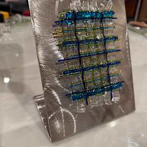 Woven Glass Blues, Greens, Clear, and Gold Sculpture on Brushed Steel Stand by Candice Treat Murphy