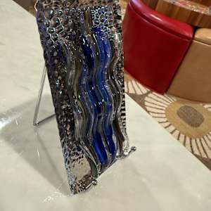 Wavy Blues, Greens, Clear, and Gold Strips Sculpture on Hammered Steel Backing by Candice Treat Murphy, Image 3.