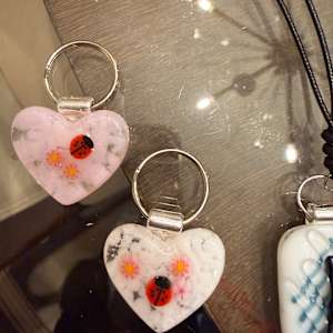 1.5" Tiny Heart Keychain Ladybug and Flowers in Pink Clouds by Candice Treat Murphy, Image 10.