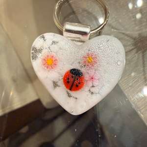 1.5" Tiny Heart Keychain Ladybug and Flowers in Pink Clouds by Candice Treat Murphy, Image 5.