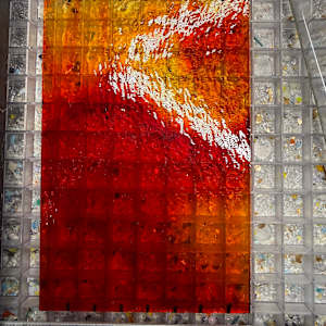 10” Flaming Red and Yellow Sunburst with Red Striker and Clear Iridescent  Frit by Candice Treat Murphy, Image 1.