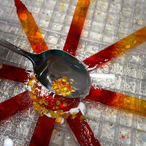 10” Flaming Red and Yellow Sunburst with Red Striker and Clear Iridescent  Frit by Candice Treat Murphy, Image 4.