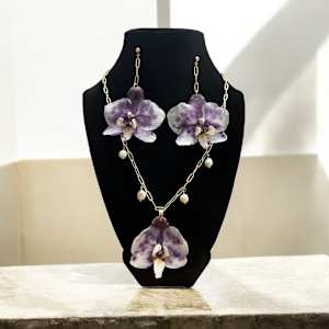 Spotted Phalaenopsis Orchid Necklace and Earring Set by Breanna Cole, Image 1.