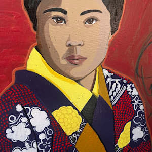 AUNTIE SUSIE by CATHY KLUTHE  Image: A closeup of Auntie Suzie's face and shoulder area of her patterned kimono.