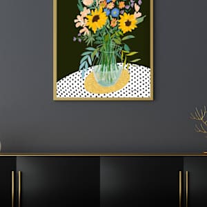 Sunflower and Friends by Debbie Warnock  Image: “Sunflowers and Friends” adds a touch of warm sophistication to this black wall and contemporary setting. 