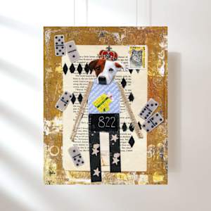 Rex the Wonder Dog by Debbie Warnock  Image: Acrylic on found paper, painted photos, discarded book pieces on book page