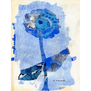 Monoprint from the Garden in Blues by Debbie Warnock  Image: A lovely art print made from the original gelatin print of a zinnia grown in my garden that was then embellished with handmade collaged art papers.  This art print is double matted with a hand painted inner mat and white outer mat and placed in aa 8”x10” natural solid wood frame ready to hang. 