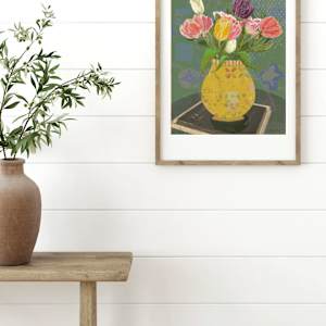 Tulips in Antique Vase by Debbie Warnock  Image: Soft jewel tone colors 
