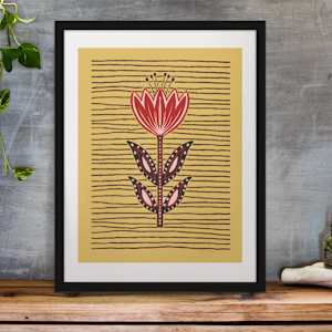 Red Tulip on Yellow Ochre by Debbie Warnock 