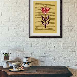 Red Tulip on Yellow Ochre by Debbie Warnock 
