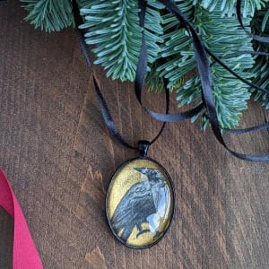 Raven Portrait- Gold Leaf, Black Metal & Glass Original Art Ornament 