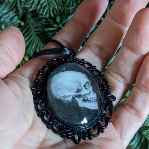 Human Skull Profile - Black Metal & Glass Original Art Ornament by Layil Umbralux 