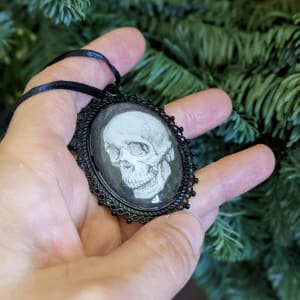 Human Skull 3 Quarter - Black Metal & Glass Original Art Ornament by Layil Umbralux 