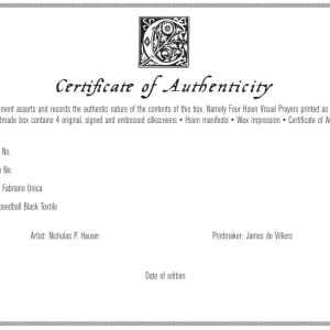 Hsien Prayer Prints Portfolio Presentation Box by James de Villiers  Image: Hsien Certificate of Authenticity.  Screenprint on translucent paper. A4.