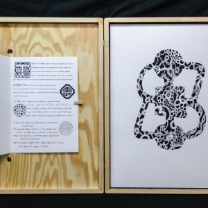 Hsien Prayer Prints Portfolio Presentation Box by James de Villiers  Image: View of open box with prints and Hsien Manifesto on the left.  Screenprint on Fabriano paper. Prints are 50 x 70 cm.