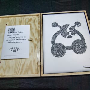 Hsien Prayer Prints Portfolio Presentation Box by James de Villiers  Image: View of open box with prints and Hsien Manifesto on the left. Screenprint on Fabriano paper. Prints are 50 x 70 cm.