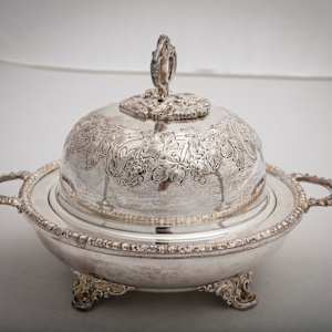 Untitled (Antique Round Footed English Lidded Silver Muffin Dish) by Artist Unknown