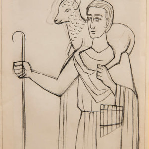 Untitled (Pencil Sketch of Jesus with Lamb on Shoulders) by Constance Mary Rowe also known as Sister Mary of the  Compassion, O.P. 