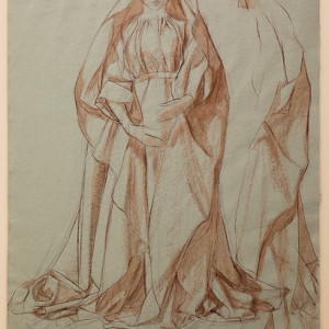 Untitled (Red Wash Study of Nun in Full Dress Looking Down--Shadow Figure at Right Behind Her) by Constance Mary Rowe also known as Sister Mary of the  Compassion, O.P. 