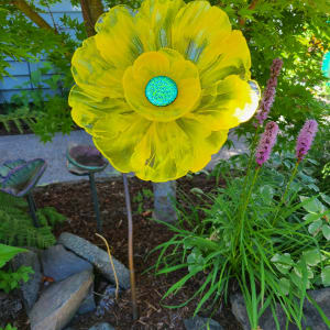 Garden Flower-Yellow Streaky with Yellow Streaky Bowl and Dichroic Center by Kathy Kollenburn 
