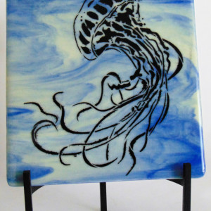 Jellyfish on blue/white streaky with stand by Kathy Kollenburn 