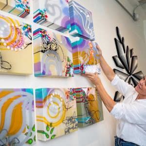 The Air Between Laughter and Light by Jennifer Haley  Image: Through shifting light and layered translucence, this work studies the vibration that connects movement and calm. Each color and form reflects the invisible rhythm of emotion — the balance between energy and serenity.