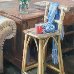Study of studio with blue scarf and flowers by Yvonne East