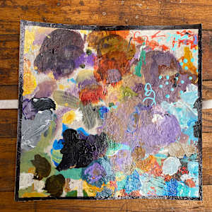 The Little Things (Concertina) by Jackie Begue  Image: Front cover is a mixed media piece adhered to chipboard.  The back of the first page of the concertina is glued to the other side of the chipboard.
