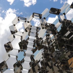 Periodic Reflection by Pneuhaus Studios  Image: Close up of metal elements in cube-shaped sculpture