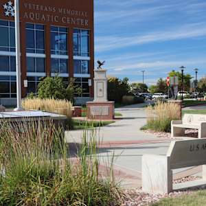 Thornton Veterans Memorial  Image: Memorial obelisk with surrounding memorial benches.