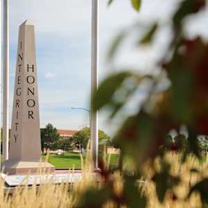 Thornton Veterans Memorial  Image: Memorial obelisk with surrounding landscaping.