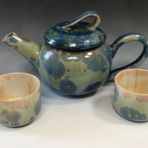 Blue and Green Tea Pot with 2 cups