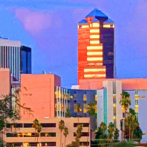 Balcony 211, Downtown Tucson by Andrea L Edmundson  Image: Posterized photo of downtown Tucson skyline from artist's balcony