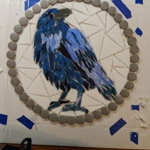 Blue Raven by Andrea L Edmundson  Image: Mosaic raven mosaic on mesh, pre-grouting