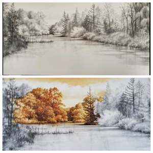 Golden Hour (Old Ausable Canal) by Elaine Guitar  Image: Underpainting of this grand view. First pencil sketch is established and than burnt sienna oil paint captures the lights and darks.