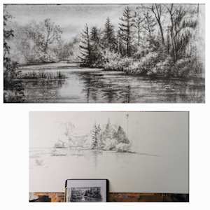 Golden Hour (Old Ausable Canal) by Elaine Guitar  Image: The top image is my èn plien air charcoal sketch which was the inspiration for "Golden Hour "