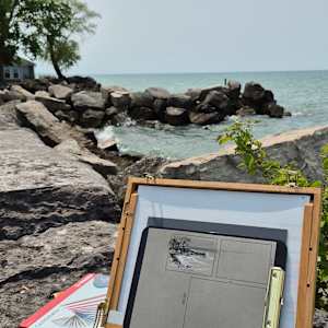 "Shoreline Serenity" by Elaine Guitar  Image: Preliminary sketch,establishing my composition. 