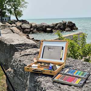 "Shoreline Serenity" by Elaine Guitar  Image: This was my pastel setup.  It's been ages since I've used pastels outside.