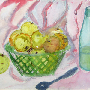 Still Life with yellow apples and pink drapery by Gallina Todorova