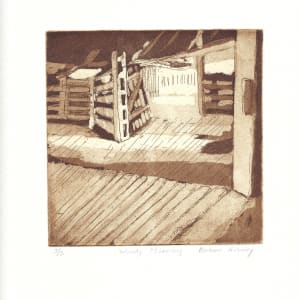 Windy Morning by Barbara Aroney  Image: Windy Woolshed sepia etching and aquatint 3/3