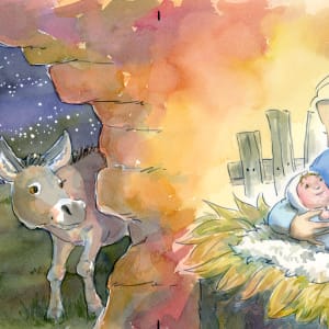 Goodnight Jesus: Donkey sees Mary and Jesus  Image: Illustration p04-05 from the picture book "Goodnight Jesus" text ©2021Judith Andry, ©2021 Susan Shadt Press  
Uncropped complete image on paper.