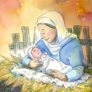 Goodnight Jesus: Donkey sees Mary and Jesus  Image: Illustration detail, p05 from the picture book "Goodnight Jesus" text ©2021Judith Andry, ©2021 Susan Shadt Press  
