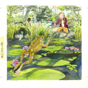 Zelda the too-pretty bat: Frog in the Pond  Image: illustration, p21 from the picture book "Le chauve-souris qui pleurait d'être trop belle" text ©1999 Chrystine Brouillet ©Les éditions de la courte échelle, uncropped