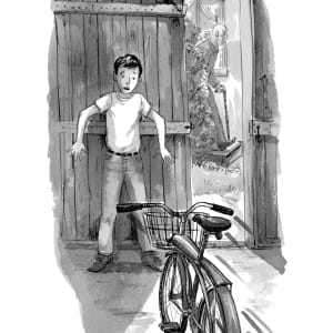 Jerôme et son fantôme: ghost bicycle  Image: Illustration from the young adult French language novel "Jérôme et son fantôme" ©2015 Sylvie Brien, Dominique et Compagnie (p. 55) uncropped: whole paper