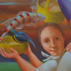 The Feeding of the 5000 by Rosemarie Adcock  Image: disciple serving fish detail