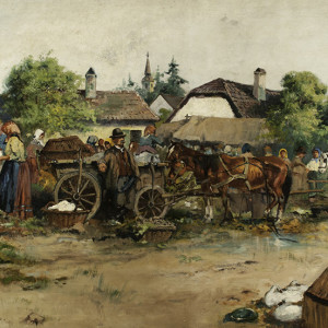 0063 - Village scene with people, horses and carts by Kasmir 